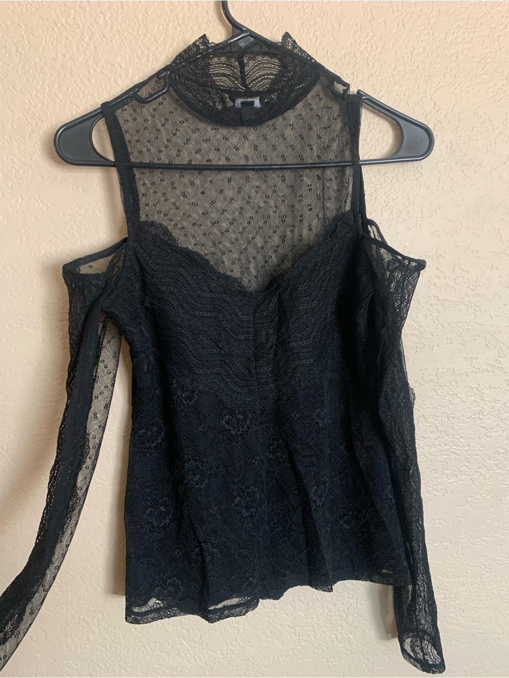 Guess Black Sheer Lace Cold-Shoulder Top